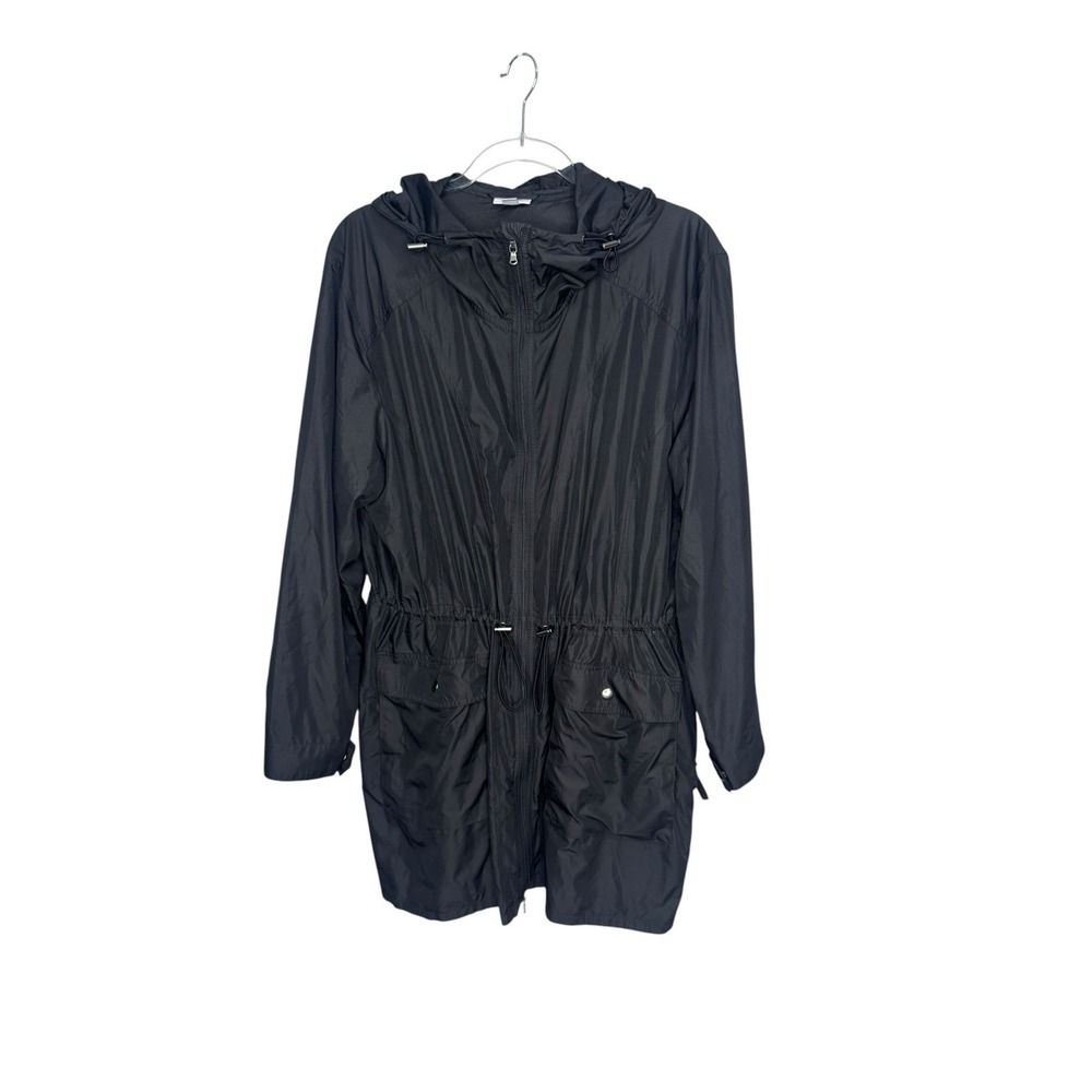 J Jill Fit XL Long Windbreaker Hooded Jacket Lightweight Black Packable Travel